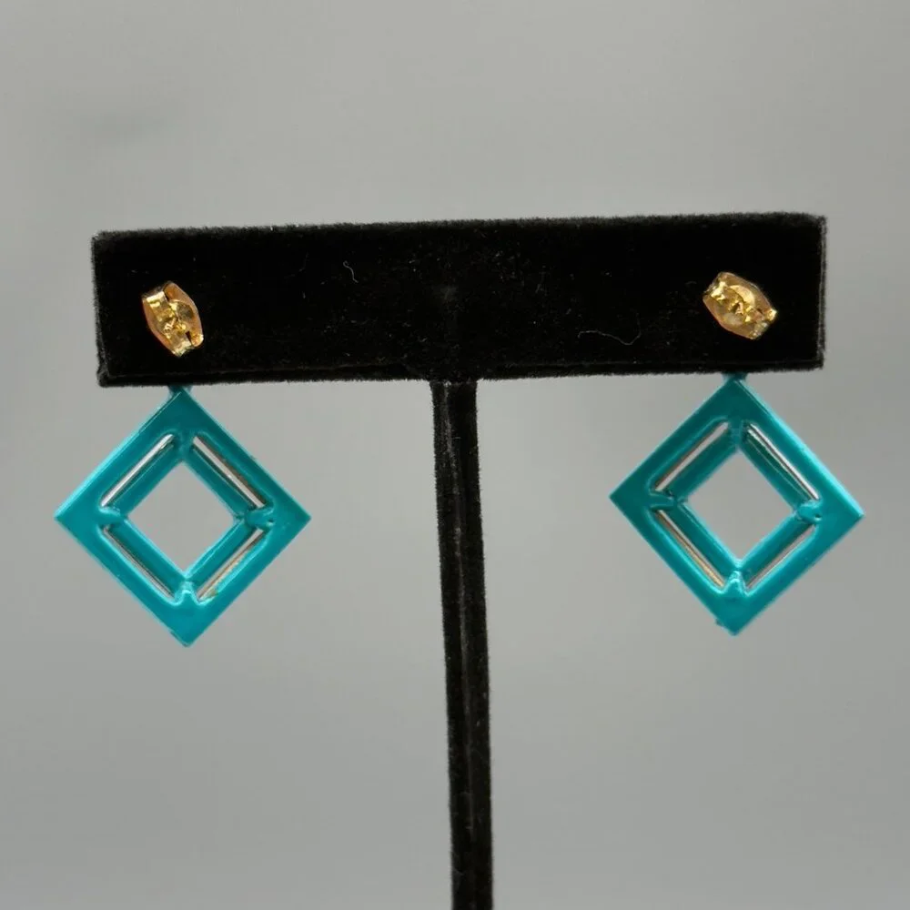Vintage Bright Multicolor Retro Geometric Enamel Block Square Earrings 80's - Picture 4 of 10